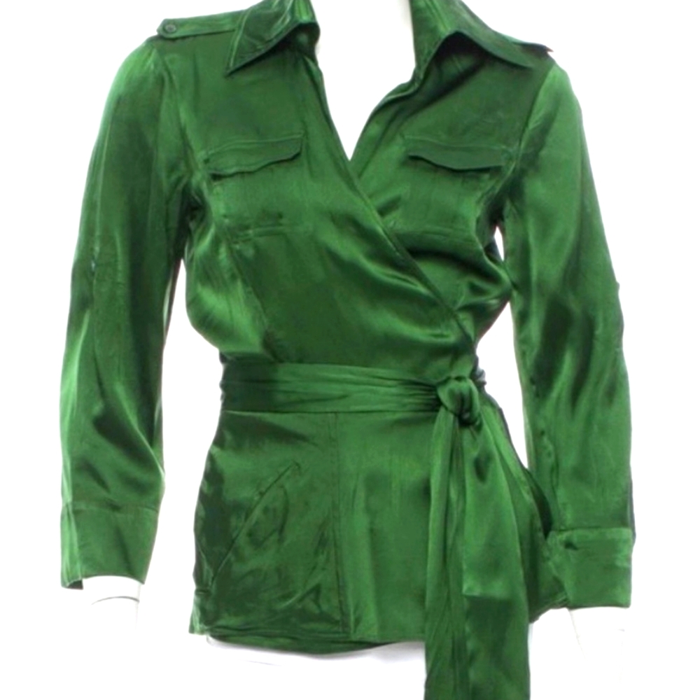 Diane von Furstenberg Silk Emerald Lime Forrest Green Wrap top, belt & pocket